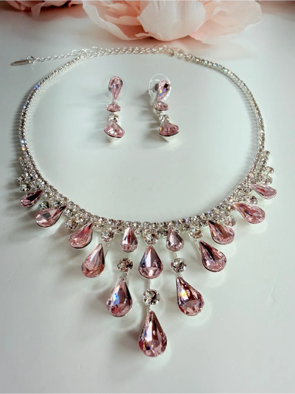 Pink Teardrop Crystal Necklace and Earring Set